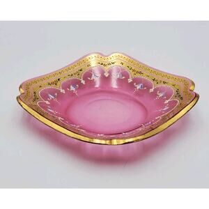 Antique Bohemian Pink Opaline Glass Plate Moser Enamel Gold 6.5" Rare Collectors